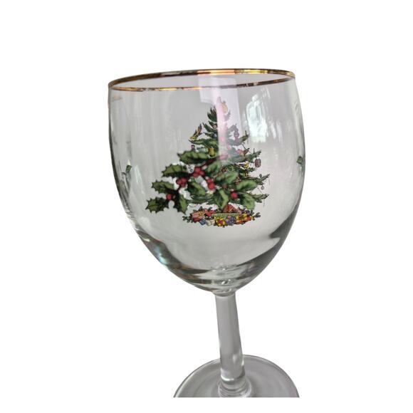 Vintage Spode Christmas Stemware Wine Water Glasses Holiday Set of 8 Holly Tree - Picture 8 of 10